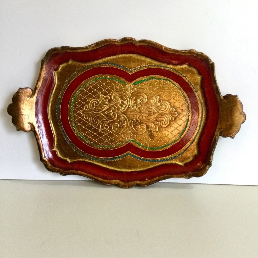 Vintage Florentine Wood Tray Gold Leaf Red Hand Painted Italian Scalloped 13.5in